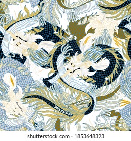 Creative seamless pattern with hand drawn chinese art elements: dragon, lantern, fan and flowers. Trendy print. Fantasy chinese dragon, great design for any purposes. Asian culture. Abstract art.	