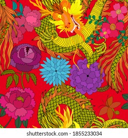 Creative seamless pattern with hand drawn chinese art elements: dragon, lantern, fan and flowers. Trendy print. Fantasy chinese dragon, great design for any purposes. Asian culture. Abstract art.	