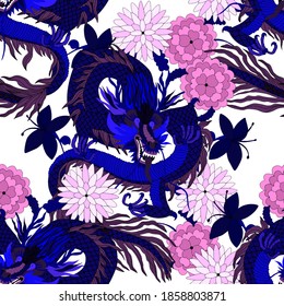 Creative seamless pattern with hand drawn chinese art elements: dragon, lantern, fan and flowers. Trendy print. Fantasy chinese dragon, great design for any purposes. Asian culture. Abstract art.	