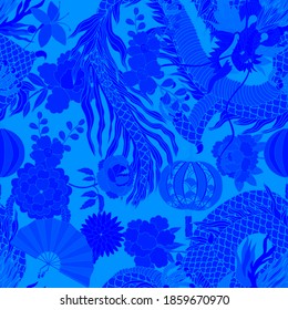 Creative seamless pattern with hand drawn chinese art elements: dragon, lantern, fan and flowers. Trendy print. Fantasy chinese dragon, great design for any purposes. Asian culture. Abstract art.	