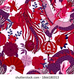 Creative seamless pattern with hand drawn chinese art elements: dragon, lantern, fan and flowers. Trendy print. Fantasy chinese dragon, great design for any purposes. Asian culture. Abstract art.	