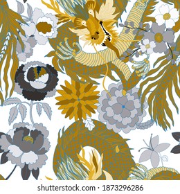 Creative seamless pattern with hand drawn chinese art elements: dragon, lantern, fan and flowers. Trendy print. Fantasy chinese dragon, great design for any purposes. Asian culture. Abstract art.	