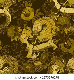 Creative seamless pattern with hand drawn chinese art elements: dragon, lantern, fan and flowers. Trendy print. Fantasy chinese dragon, great design for any purposes. Asian culture. Abstract art.	