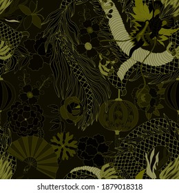 Creative seamless pattern with hand drawn chinese art elements: dragon, lantern, fan and flowers. Trendy print. Fantasy chinese dragon, great design for any purposes. Asian culture. Abstract art.	