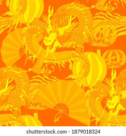 Creative seamless pattern with hand drawn chinese art elements: dragon, lantern, fan and flowers. Trendy print. Fantasy chinese dragon, great design for any purposes. Asian culture. Abstract art.	