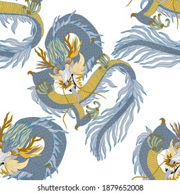 Creative seamless pattern with hand drawn chinese art elements: dragon, lantern, fan and flowers. Trendy print. Fantasy chinese dragon, great design for any purposes. Asian culture. Abstract art.	