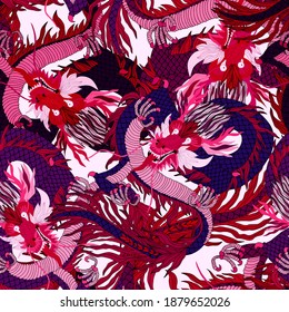 Creative seamless pattern with hand drawn chinese art elements: dragon, lantern, fan and flowers. Trendy print. Fantasy chinese dragon, great design for any purposes. Asian culture. Abstract art.	