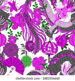 Creative seamless pattern with hand drawn chinese art elements: dragon, lantern, fan and flowers. Trendy print. Fantasy chinese dragon, great design for any purposes. Asian culture. Abstract art.	
