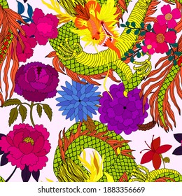 Creative seamless pattern with hand drawn chinese art elements: dragon, lantern, fan and flowers. Trendy print. Fantasy chinese dragon, great design for any purposes. Asian culture. Abstract art.	