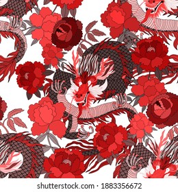 Creative seamless pattern with hand drawn chinese art elements: dragon, lantern, fan and flowers. Trendy print. Fantasy chinese dragon, great design for any purposes. Asian culture. Abstract art.	