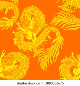 Creative seamless pattern with hand drawn chinese art elements: dragon, lantern, fan and flowers. Trendy print. Fantasy chinese dragon, great design for any purposes. Asian culture. Abstract art.	