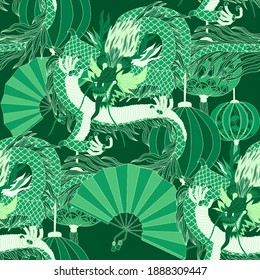 Creative seamless pattern with hand drawn chinese art elements: dragon, lantern, fan and flowers. Trendy print. Fantasy chinese dragon, great design for any purposes. Asian culture. Abstract art.	