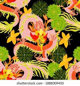 Creative seamless pattern with hand drawn chinese art elements: dragon, lantern, fan and flowers. Trendy print. Fantasy chinese dragon, great design for any purposes. Asian culture. Abstract art.	