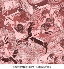 Creative seamless pattern with hand drawn chinese art elements: dragon, lantern, fan and flowers. Trendy print. Fantasy chinese dragon, great design for any purposes. Asian culture. Abstract art.	