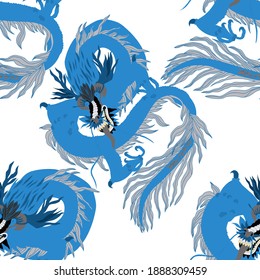 Creative seamless pattern with hand drawn chinese art elements: dragon, lantern, fan and flowers. Trendy print. Fantasy chinese dragon, great design for any purposes. Asian culture. Abstract art.	