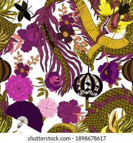 Creative seamless pattern with hand drawn chinese art elements: dragon, lantern, fan and flowers. Trendy print. Fantasy chinese dragon, great design for any purposes. Asian culture. Abstract art.	