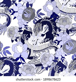 Creative seamless pattern with hand drawn chinese art elements: dragon, lantern, fan and flowers. Trendy print. Fantasy chinese dragon, great design for any purposes. Asian culture. Abstract art.	