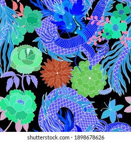 Creative seamless pattern with hand drawn chinese art elements: dragon, lantern, fan and flowers. Trendy print. Fantasy chinese dragon, great design for any purposes. Asian culture. Abstract art.	