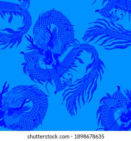 Creative seamless pattern with hand drawn chinese art elements: dragon, lantern, fan and flowers. Trendy print. Fantasy chinese dragon, great design for any purposes. Asian culture. Abstract art.	