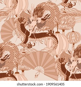 Creative seamless pattern with hand drawn chinese art elements: dragon, lantern, fan and flowers. Trendy print. Fantasy chinese dragon, great design for any purposes. Asian culture. Abstract art.	