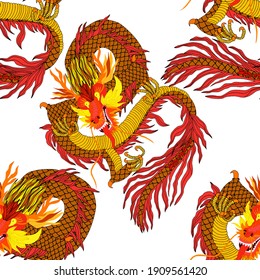 Creative seamless pattern with hand drawn chinese art elements: dragon, lantern, fan and flowers. Trendy print. Fantasy chinese dragon, great design for any purposes. Asian culture. Abstract art.	