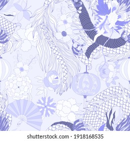 Creative seamless pattern with hand drawn chinese art elements: dragon, lantern, fan and flowers. Trendy print. Fantasy chinese dragon, great design for any purposes. Asian culture. Abstract art.	