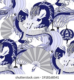 Creative seamless pattern with hand drawn chinese art elements: dragon, lantern, fan and flowers. Trendy print. Fantasy chinese dragon, great design for any purposes. Asian culture. Abstract art.	