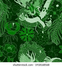 Creative seamless pattern with hand drawn chinese art elements: dragon, lantern, fan and flowers. Trendy print. Fantasy chinese dragon, great design for any purposes. Asian culture. Abstract art.	