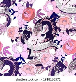Creative seamless pattern with hand drawn chinese art elements: dragon, lantern, fan and flowers. Trendy print. Fantasy chinese dragon, great design for any purposes. Asian culture. Abstract art.	