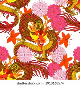 Creative seamless pattern with hand drawn chinese art elements: dragon, lantern, fan and flowers. Trendy print. Fantasy chinese dragon, great design for any purposes. Asian culture. Abstract art.	