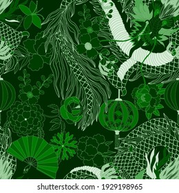 Creative seamless pattern with hand drawn chinese art elements: dragon, lantern, fan and flowers. Trendy print. Fantasy chinese dragon, great design for any purposes. Asian culture. Abstract art.	