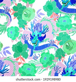 Creative seamless pattern with hand drawn chinese art elements: dragon, lantern, fan and flowers. Trendy print. Fantasy chinese dragon, great design for any purposes. Asian culture. Abstract art.	