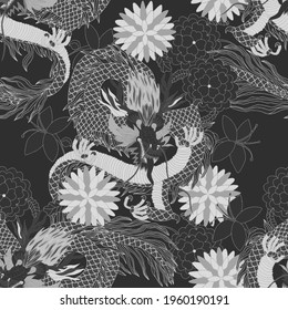 Creative seamless pattern with hand drawn chinese art elements: dragon, lantern, fan and flowers. Trendy print. Fantasy chinese dragon, great design for any purposes. Asian culture. Abstract art.	