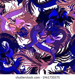 Creative seamless pattern with hand drawn chinese art elements: dragon, lantern, fan and flowers. Trendy print. Fantasy chinese dragon, great design for any purposes. Asian culture. Abstract art.	
