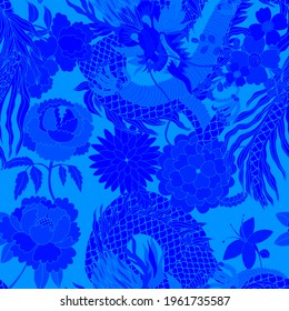 Creative seamless pattern with hand drawn chinese art elements: dragon, lantern, fan and flowers. Trendy print. Fantasy chinese dragon, great design for any purposes. Asian culture. Abstract art.	