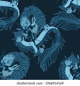 Creative seamless pattern with hand drawn chinese art elements: dragon, lantern, fan and flowers. Trendy print. Fantasy chinese dragon, great design for any purposes. Asian culture. Abstract art.	