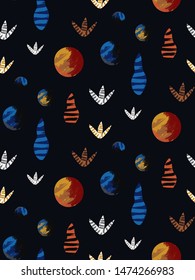 Creative seamless pattern in hand-drawn style. Abstract print with different geometric shapes, leaves on a black background. Perfect pattern for trendy fabrics, Wallpapers, covers... Vector.