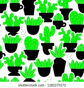 Creative seamless pattern with home plants in hand drawn style. Vector endless illustration.