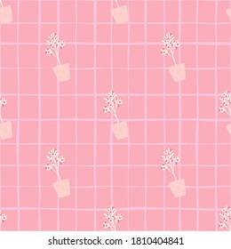 Creative seamless pattern with houseplant ornament. Chequered background. Interior artwork in pink palette. Designed for wallpaper, textile, wrapping paper, fabric print. Vector illustration.