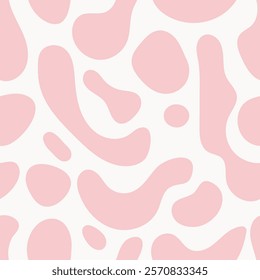 Creative seamless pattern with irregular pink cow or dalmatian spots on white, perfect for wallpapers and textiles. High quality vector with bold, abstract shapes.