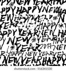 Creative seamless pattern with lettering "Happy New Year". Textures made with ink. Hand-drawn for your designs: posters, invitations, cards, etc. Vector.