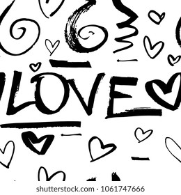 Creative seamless pattern with lettering "love". Textures made with ink. Hand-drawn for your designs: posters, invitations, cards, etc. Vector.
