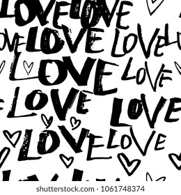 Creative seamless pattern with lettering "love". Textures made with ink. Hand-drawn for your designs: posters, invitations, cards, etc. Vector.
