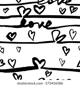 Creative seamless pattern with lettering "love" and hearts. Textures made with ink. Hand-drawn for your designs: posters, invitations, cards, etc. Vector.