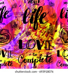 Creative seamless pattern with lettering "love". Textures made with ink. Hand-drawn for your designs: posters, invitations, cards, etc.