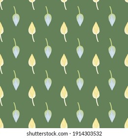 Creative seamless pattern with light orange and blue colored lotus bud shapes. Green background. Stock illustration. Vector design for textile, fabric, giftwrap, wallpapers.