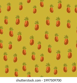 Creative seamless pattern with little pineapples silhouettes print. Green background. Tropic food print. Decorative backdrop for fabric design, textile print, wrapping, cover. Vector illustration.