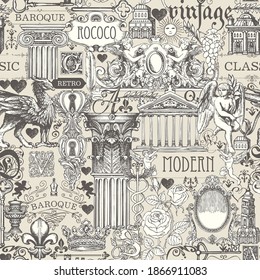 Creative seamless pattern on the theme of vintage art, furniture and Antiques. Vector background with sketches and drawings on a beige backdrop. Wallpaper, wrapping paper, fabric in retro style