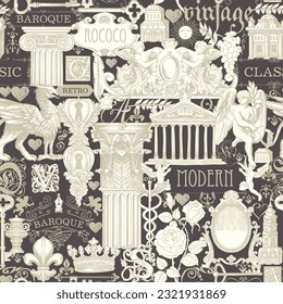 Creative seamless pattern on the theme of vintage art, furniture and Antiques. Vector background with sketches and drawings on a beige backdrop. Wallpaper, wrapping paper, fabric in retro style