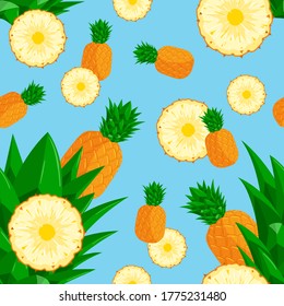 Creative seamless pattern with pineapple, slices and leaves. Blue exotic background. Playful fresh summer illustration.